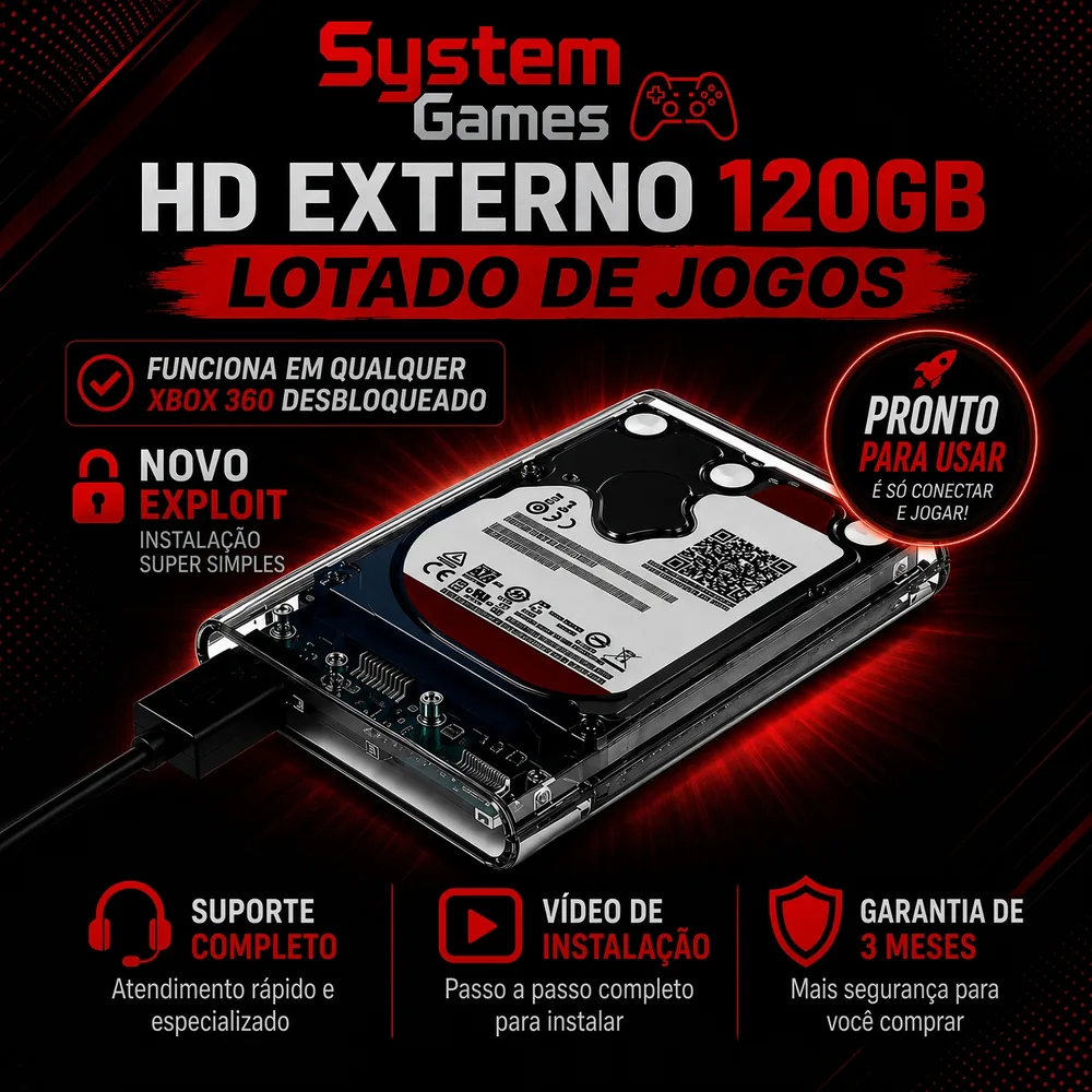 HD Externo 120GB Lotado de Jogos para Xbox 360