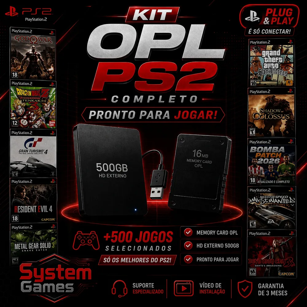 Kit OPL PS2 Completo - HD 500GB + Memory Card 16MB