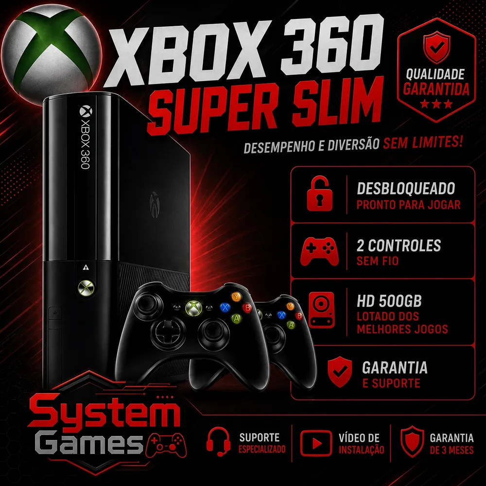 Xbox 360 Super Slim Desbloqueado + 2 Controles + HD 500GB
